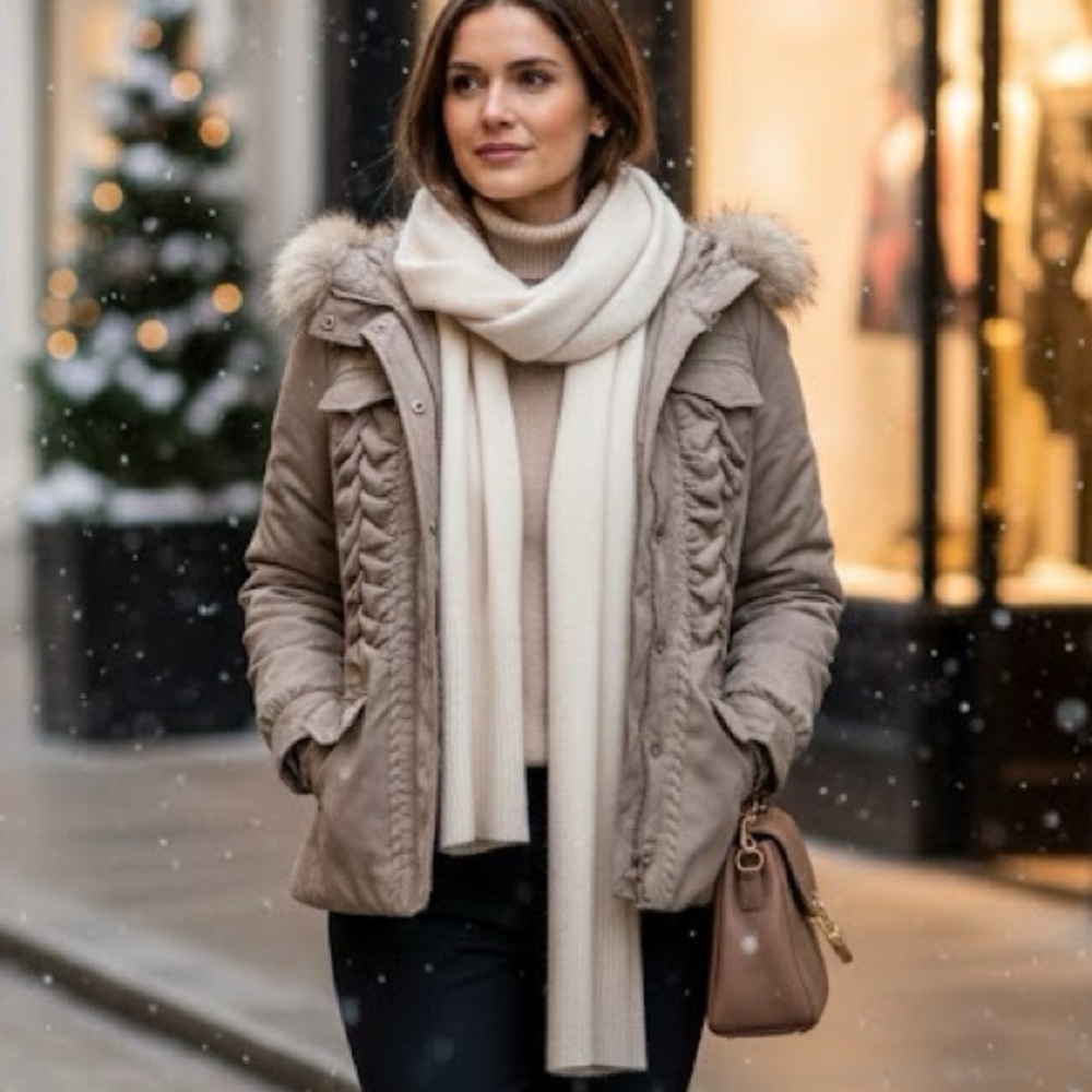 Elie Tahari Luxury Sz XS Down & Feather Coyote Lined Hooded Winter Jacket